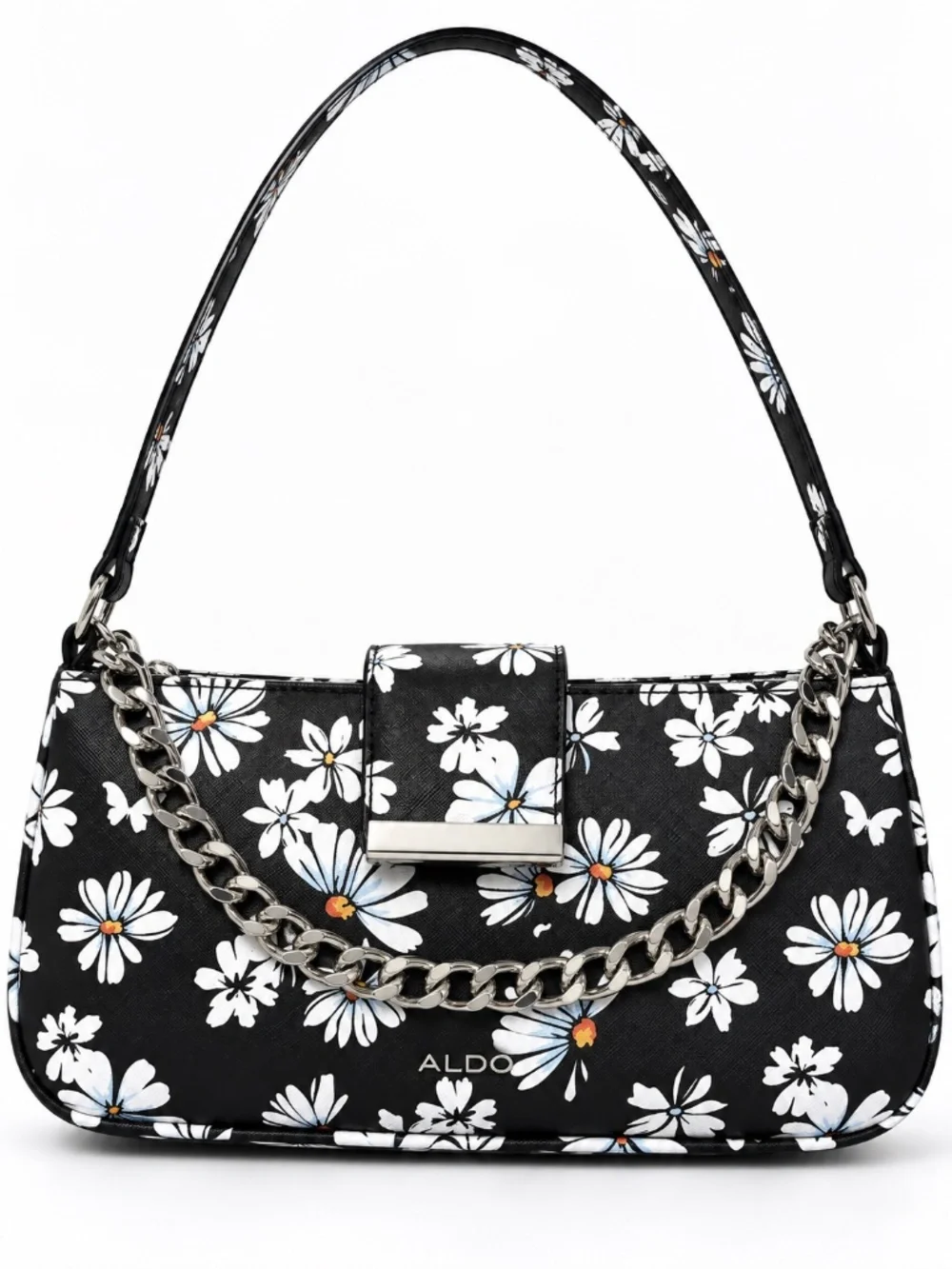 ALDO Daisy Floral Shoulder Bag Black White Chain Baguette Purse NWT